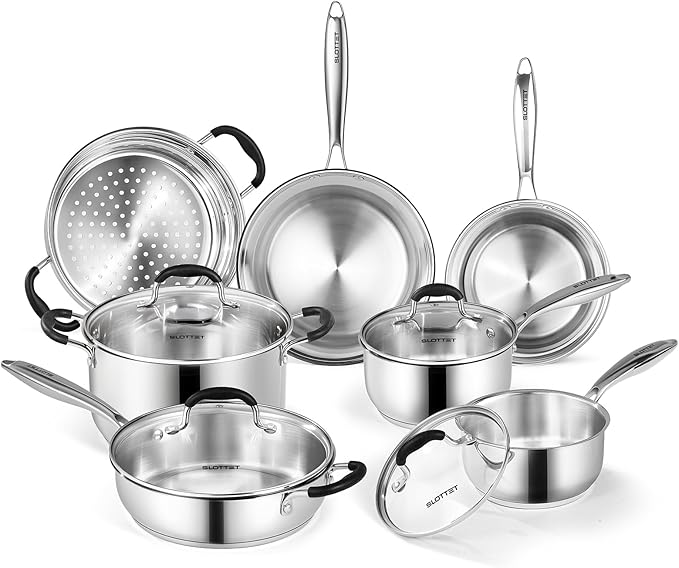 Stainless Steel Kitchen Cookware Set,11 Piece Pots and Pans Set with Steamer,Heat-resistant Handle,Non-Toxic,Induction,Oven,Dishwasher Safe