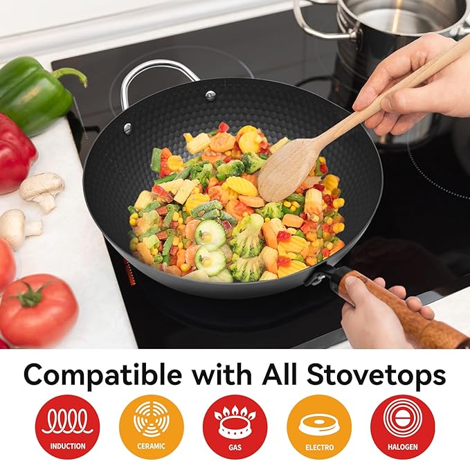 WANGYUANJI 12.6 Inch Iron Wok with Glass Lid and Iron Spatula, Flat Bottom Carbon Steel Wok Pan with Helper Handle, Non-Coated Stir Fry Pan for Induction, Gas and Electric Stoves