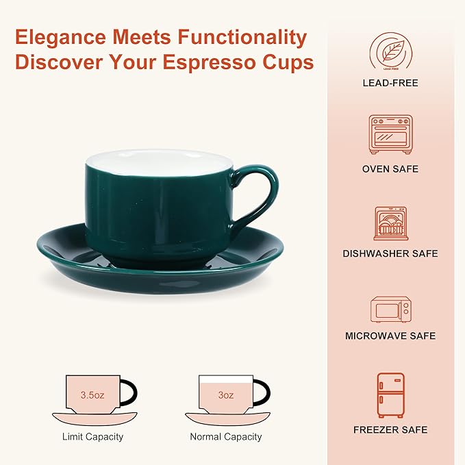 3 Ounce Espresso Cups Set of 4, Stackable Demitasse Mugs, Includes Display Stand, Cups Saucers & Spoons, for Machines & Home Use, Red Green Gold Tone