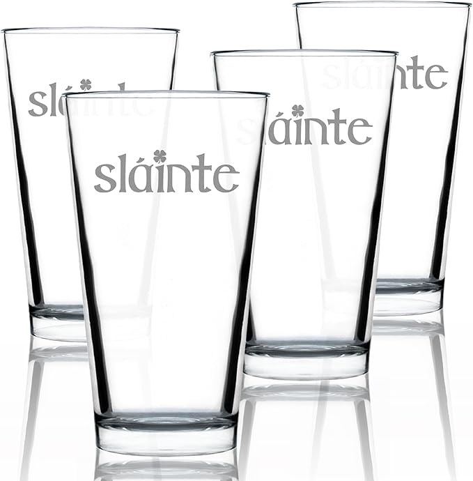 Bevvee Slainte Irish Cheers - Pint Glasses - Set of 4 - Fun St Patricks Day Party Decor or Gifts - 16 Ounce