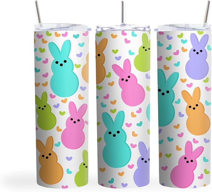 20oz Skinny Tumbler Easter Marshmallow Bunnies - Stainless Steel Double Wall Insulated Cup With Lid And Straw