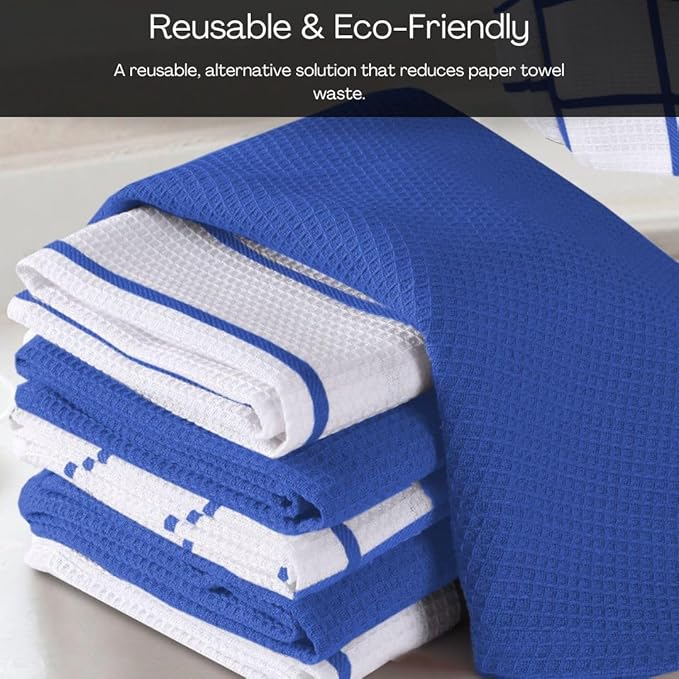 Assorted Waffle Kitchen Dish Towels 100% Cotton Set of 6, Soft Absorbent Quick Drying Table and Kitchen Linen, Tea Towels and Cleaning Towels with Hanging Loop, Dish Towels 15x25 Blue