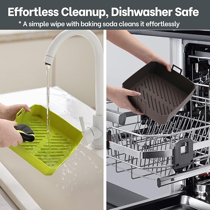 5QT Air Fryer Silicone Liners for Ninja AF141/AF142 & COSORI CAF-L501, Square Reusable Air Fryer Liners with Handle, 2 Pack BPA Free Platinum Silicone Basket, Upgrade