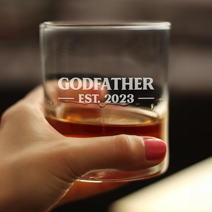 Bevvee Godfather Est 2023 - New Godfather Whiskey Rocks Glass Proposal Gift for First Time Godparents - Set of 4 - Bold 10.25 Oz Glasses