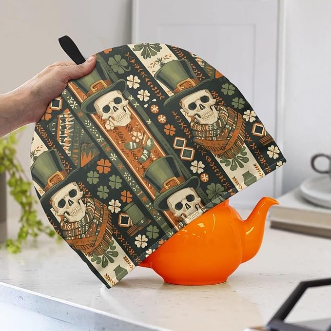 Green Top Hat Tea Pot Cozy for Keeping Warm Dust Proof Human Skeleton Tea Cup Warmer Cozy Kitchen Accessory Shamrock Teapot Insulation Cover for St. Patrick's Day