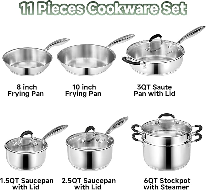 Stainless Steel Kitchen Cookware Set,11 Piece Pots and Pans Set with Steamer,Heat-resistant Handle,Non-Toxic,Induction,Oven,Dishwasher Safe