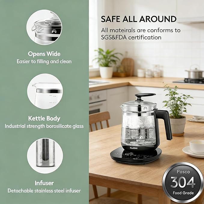 800w Electric Kettle, 2L Borosilicate Glass tea kettle, Hot water kettle electric for Coffee or Tea, BPA Free, Auto Shut-Off, Stainless Steel, Fast Boil