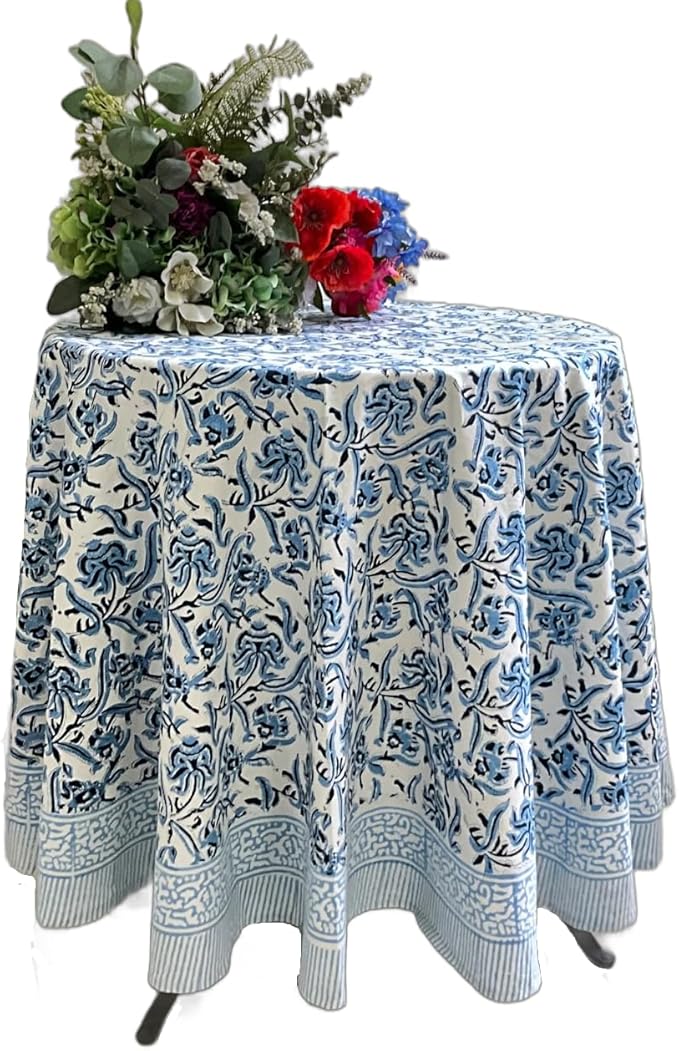 ATOSII Midnight Bloom 100% Cotton Round Tablecloth, Handblock Print Floral Table Cloth for Kitchen Dining Linen I Parties, Weddings, Outdoors, Thanksgiving, Christmas I 72" Inches Round