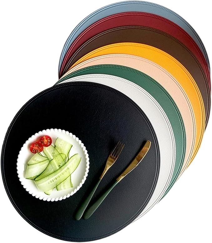 Set of 4/6/10 Black Round PU Leather Placemats Non-Slip Place Mats Coaster Coffee Mats Kitchen Accessories Set De Table(Y Circle Coffee,R 38CM 4pcs)