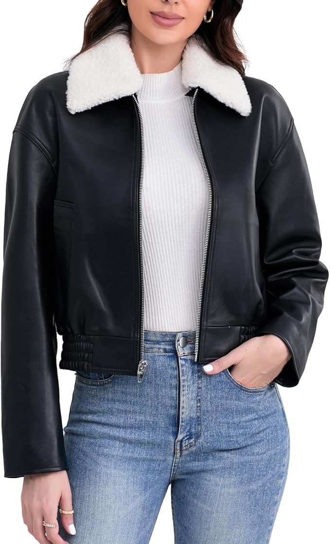 SILVER FASHIONS Leather Jacket Women,Cropped Lambskin Bomber Jacket,Removable Sherpa Collar, Zip Front, Elasticized Hem