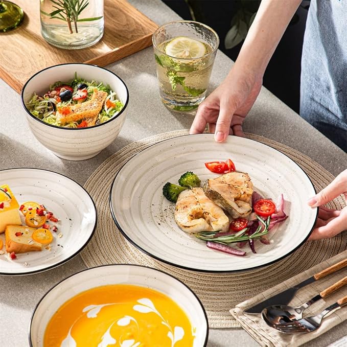 Beige 24/48-Piece Handpainted Spirals Stoneware Dinner Combi-Set with Bowl,Dessert Plate,Soup Plate,Dinner Plate(24pcs)