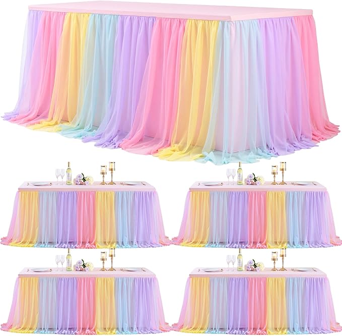4 Pack 6ft Rainbow Tulle Tablecloths for Rectangle Tables, 6 Foot Rainbow Rectangular Table Cloth Wrinkle Free Tablecover with Tutu Skirt for Baby Shower Girls Birthday Party Banquet Buffet Cake