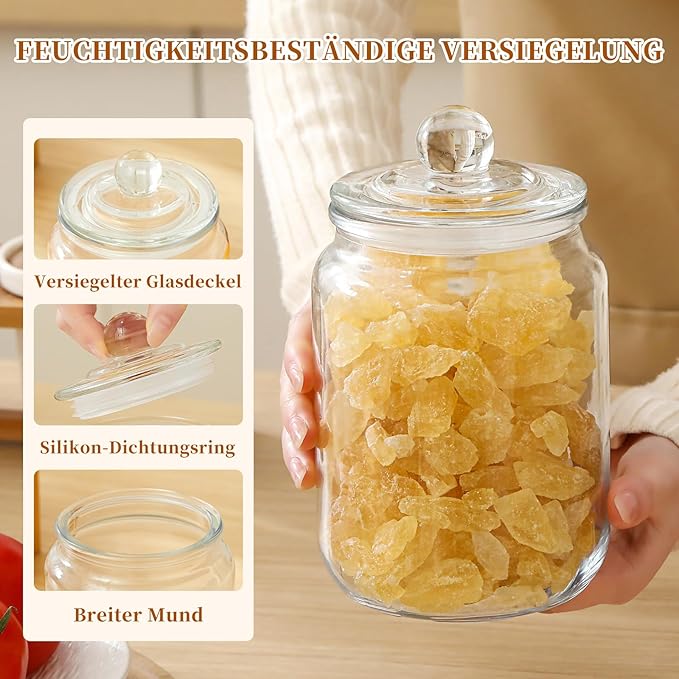 Glass Jars with Airtight Lid Set of 4, Food Jars 34 oz, Pickle Jars, Canning Jars, Glass Containers, Suitable for Kitchen, Pickles, Flour, Grains, Pasta, Sugar, Herbs, Coffee