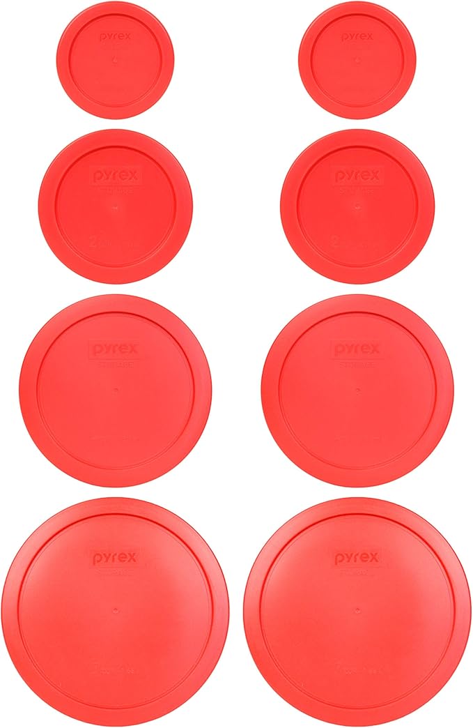 Pyrex (2) 7202-PC 1 Cup, (2) 7200-PC 2 Cup, (2) 7201-PC 4 Cup, (2) 7402-PC 6/7 Cup Red Round Plastic Food Storage Lids, Made in USA