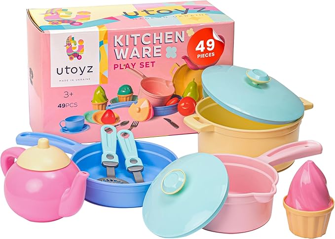 uToyz Kids Play Kitchen Toys – 49pcs Pretend Play Kitchen Accessories with Cooking Toys, Large Kids Pots and Pans Playset, Toy Dishes for Toddler Cooking Set, Pretend Pots and Pans for Ages 3+