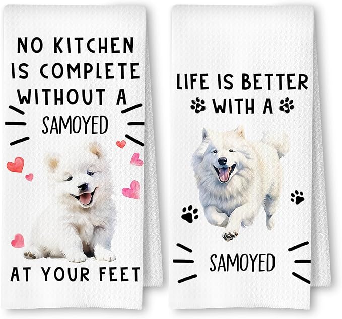 Samoyed Gifts Kitchen Towels, Samoyed Dog Dish Tea Towels for Kitchen Decor, Dog Lover Mom Dad Gifts Decorative Hand Towel, 16x24 Inches Set of 2