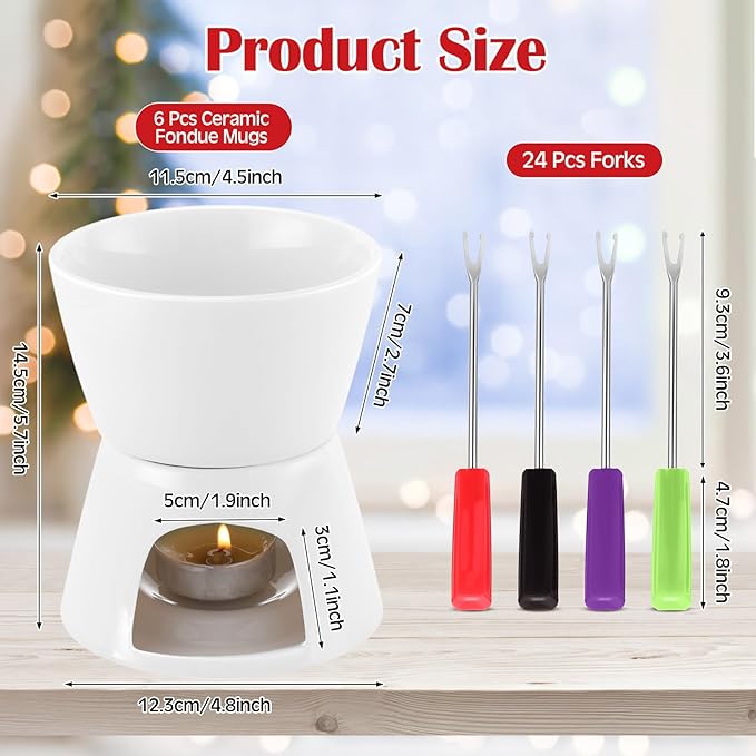 Mudder 6 Pieces Fondue Mug Ceramic Pot and 24 Pieces Forks Set for Melting Chocolate, Cheese, Broth or Tapas on Valentine's Day Gift(Red and White)