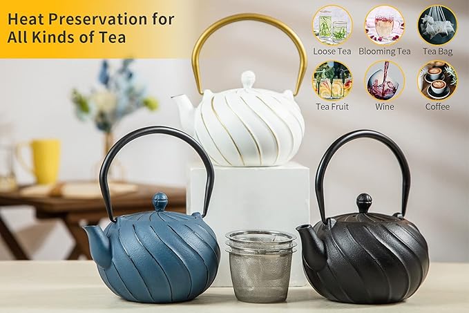 Tea Kettle, TOPTIER Japanese Cast Iron Teapot with Infuser, Cast Iron Tea Kettle Stovetop Safe, Wave Design Teapot Coated with Enameled Interior for 30 Ounce (900 ml), Midnight Black