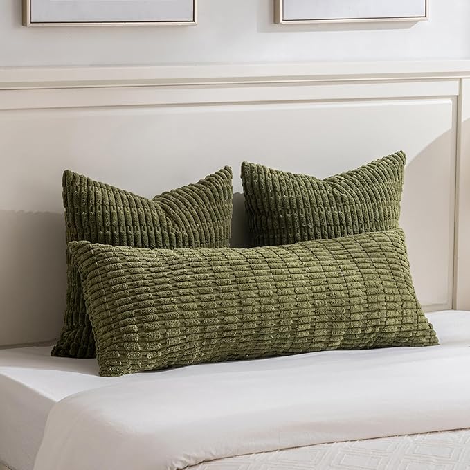 Fancy Homi 4 Packs Boho Moss Green Decorative Throw Pillow Covers 22x22 Inch for Couch Bed Sofa, Rustic Modern Farmhouse Home Decor, Soft Plush Corduroy Cute Square Cushion Case 55x55 cm