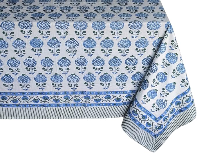 ATOSII Roma Blue 100% Cotton Boho Rectangle Fall Tablecloth, Handblock Floral Print Table Linen for Kitchen Dining I Parties, Outdoors, Weddings, Christmas, Thanksgiving I 72 X 120 Inches I 10 Seater