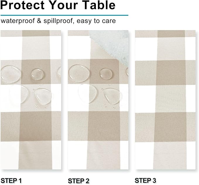 Hiasan Checkered Tablecloth Rectangle 60 x 120 Inch - Stain Resistant, Spillproof and Washable Gingham Table Cloth for Outdoor Picnic, Kitchen and Holiday Dinner, Khaki and White
