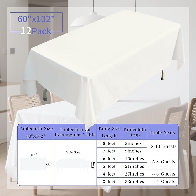 BIGTONE 12 Pack Ivory Rectangle Tablecloth 60 x 102 Inch, Cross Ribbon Packing Reusable Table Clothes for 6 Foot Tables, Wrinkle Resistant Polyester Fabric Table Cover for Wedding, Party, Banquet