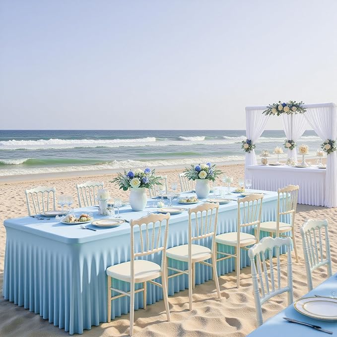 2 Pack Baby Blue Spandex Tablecloths for 6FT Rectangle Tables, Wrinkle Free Fitted Stretch Table Covers Elastic Table Skirt for Wedding Party Banquet Birthday Baby Shower Events