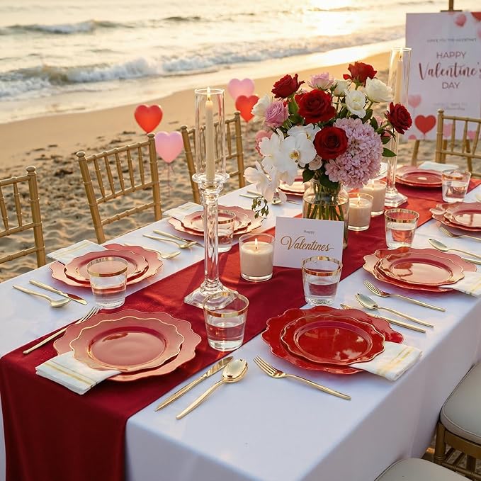 WDF 175Pcs Red Plates - Red Plastic Plates with Gold Rim - Fancy Disposable Dinnerware Sets Ideal for Party/Wedding/Valentine's Day