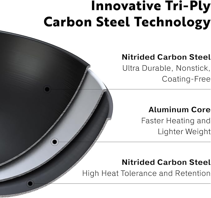 13 Inch Carbon Steel Wok Pan - Carbon Steel Clad, Better than Cast Iron - Lightweight, Naturally Nonstick, Non Toxic Cookware, No Coatings - Induction Wok, Oven, Outdoor Grill Cooking