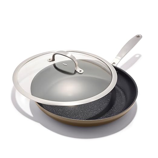 OXO Enhanced 12” Nonstick Frying Pan Skillet with Lid, Ceramic PFAS-Free Cookware, Stainless Steel Handle, Eggs & Omelets, Dishwasher & Oven Safe, Biscuit Brown