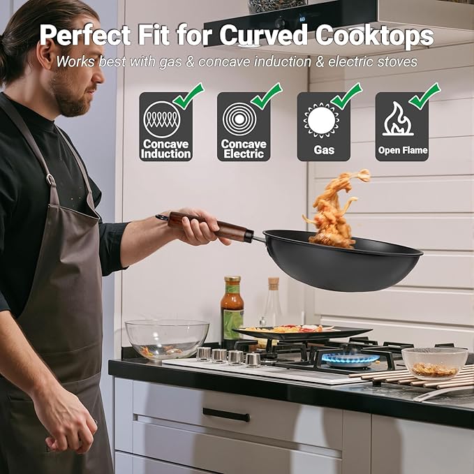 Carbon Steel Wok Pan, Nitrided Pre-Seasoned Round Bottom Woks & Stir-Fry Pans Nonstick, Chinese Wok with Glass Lid & Steel Rack for Gas for All Concave Stovetops, Gift for Chef - 13.4"
