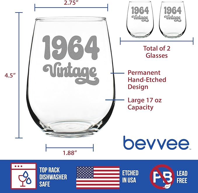 Bevvee Vintage 1964 Stemless Wine Glass - 62nd Birthday Gifts for Women & Men Turning 62 - Bday Party Decor - Set of 2 - Large 17 oz