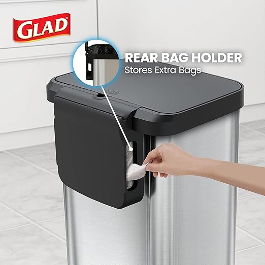Glad Stainless Steel Step Trash Can with Clorox Odor Protection | Large Metal Kitchen Garbage Bin with Soft Close Lid, Foot Pedal and Waste Bag Roll Holder, 20 Gallon, Stainless