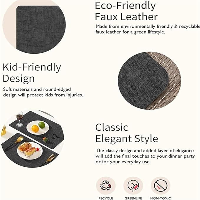 Set of 1/4 Modern PU Placemats for Table Waterproof Non-Slip Leather Tableware Mat Set Kitchen Accessories Coaster Cup(Vin Light Grey,44x30cm 1pcs)