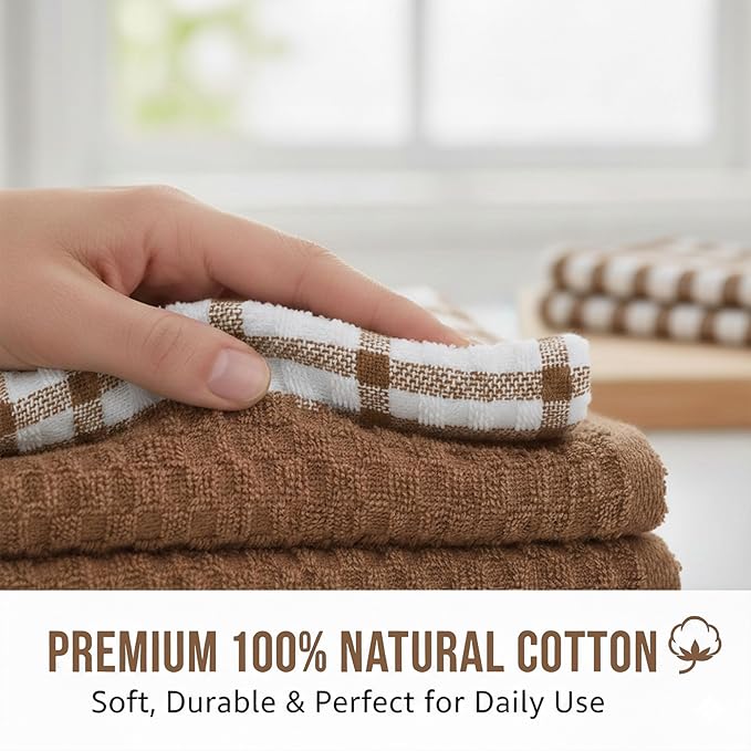 GOLD TEXTILES Kitchen Towels 6 Pack Premium 100% Cotton Dish Towels for Kitchen (15 x 25 Inches) Super Soft & Absorbent Kitchen Hand Towels for Drying Dishes, Cleaning - Reusable and Washable (Brown)