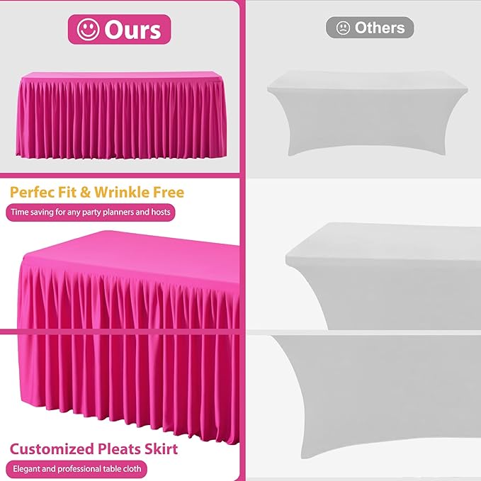 Wish Care 2 Pack Hot Pink Rectangle Table Clothes for 4 Foot Tables, Polyester Fitted Tablecloths 4ft Stretch Table Cover for Wedding, Birthday, Parties, Trade Show, Craft Show