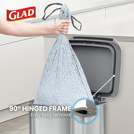 Glad Stainless Steel Step Trash Can, Series 2 with Clorox Protection - Large Metal Kitchen Garbage Bin with Soft Close Lid, Foot Pedal and Waste Bag Roll Holder, 13 Gallon