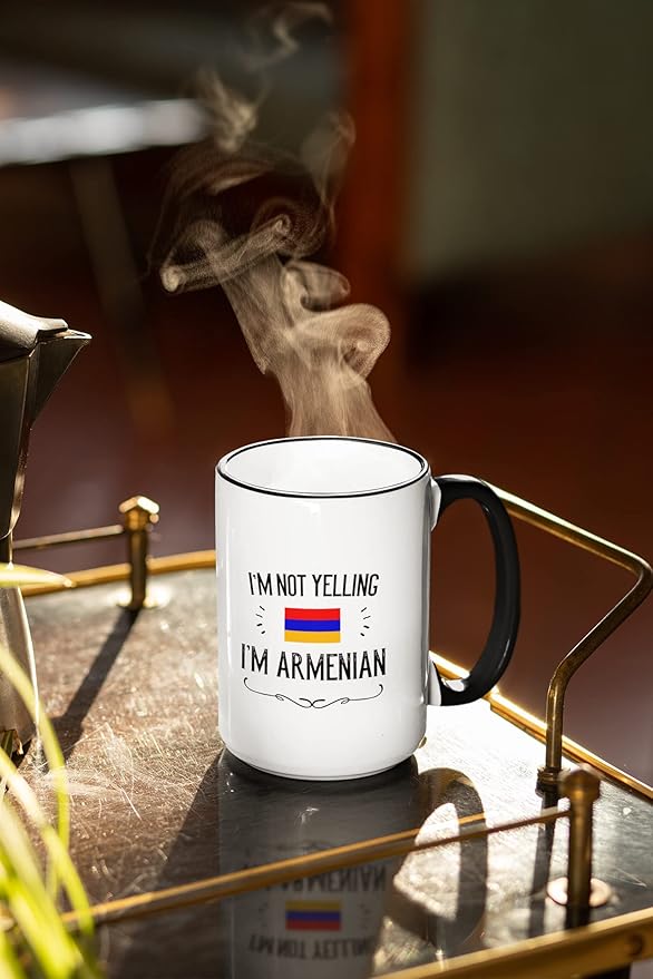 Funny Armenian Gifts. I'm Not Yelling I'm Armenian Coffee Cups. Ceramic Mug. Armenia Proud Gift Idea Featuring The Armenian Flag. (15 oz Black Handle/Rim)