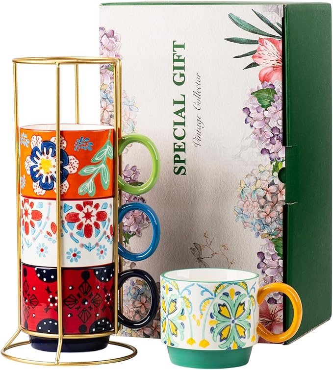 Floral Stackable Ceramic Coffee Mugs - Set of 4 with Stand, 12.5 oz Multi-Color Porcelain Cups for Latte, Cappuccino, Tea, Hot Cocoa - Dishwasher & Microwave Safe (Floral)