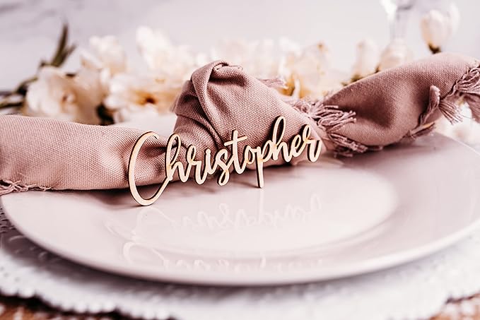 Customized Wooden Name Tags for Place Setting, Personalized Place Cards for Weddings, Bridal Showers and Events, Cursive Laser Cut Seating Cards