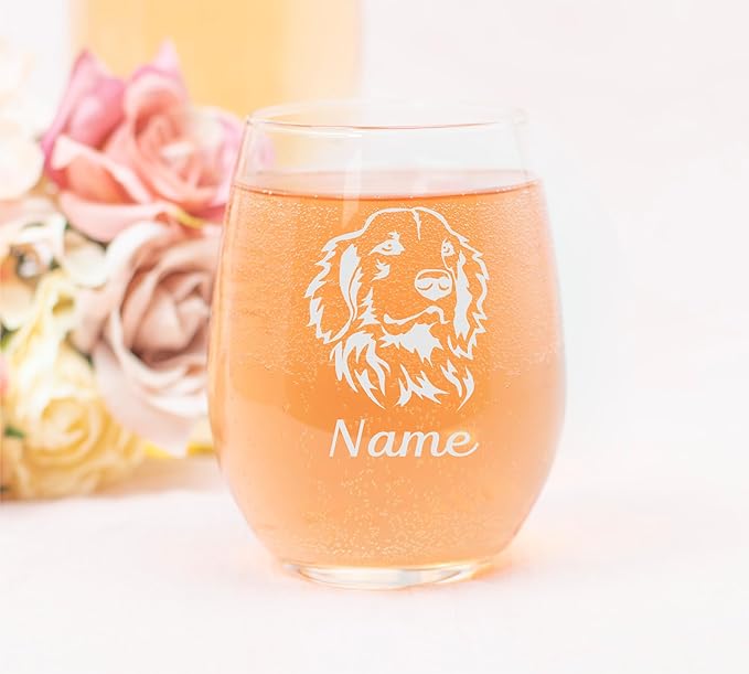 C M Golden Retriever Dog with Name 17 oz. Custom Stemless Wine Glass - Personalized Dog Gift for Women and Men