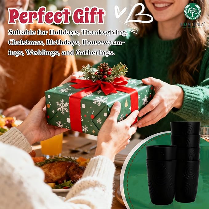 Homienly Wheat Straw Drinkware 12oz Unbreakable Drinking Glasses 6-Piece Stackable Kithen Cups Dishwasher and Microwave Safe Cups for Everyday Family Meals, Entertaining-Black