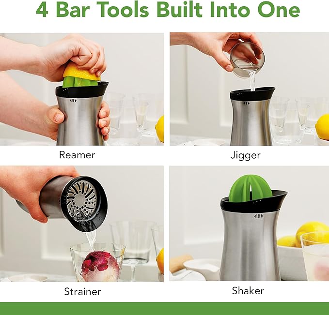Tovolo Cocktail Shaker Stainless Steel (24 oz.) - Built-In Citrus Reamer, Strainer, & Jigger / Gadget for Bar Cart, Bartending, Home Bar, Mixology, Kitchen, & Gifting