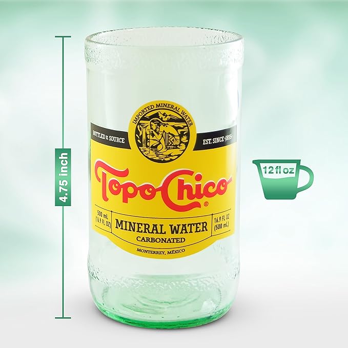 Topo Chico Drinking Glasses 12 Fl Oz Fire Polished Smooth Rim Upcycled (Set of 2) Gift - Glassware Sets - Glass Tumbler - Water Cocktail Wine Whiskey Tequila Glass - Cup - Recycled Drinkware