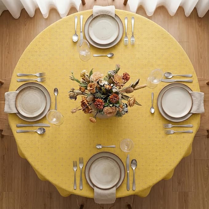Horaldaily Yellow Round Table Cloth, Cross-Star Solid Textured Embroidery Tablecloth, Wrinkle Free Washable 60×60 Inch Table Cover for Kitchen, Party, Wedding, Picnic, Outdoor