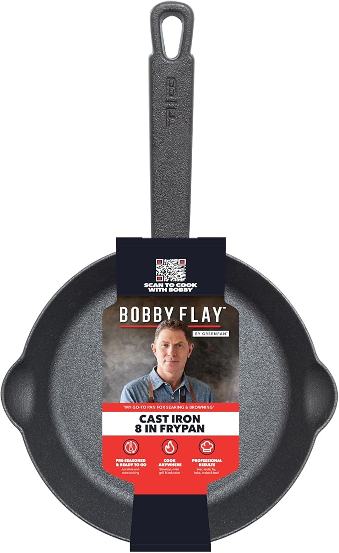 GreenPan x Bobby Flay 8” Cast Iron Pre-Seasoned Skillet with Helper Handle, Professional Grade Heavy Duty, Induction Suitable, Versatile Stovetop, Oven, BBQ, Fire & Grill, Indoor & Outdoor Use, Black