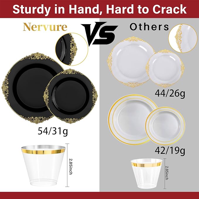 Nervure 175PCS Black Plastic Plates - Disposable Black Gold Party Plates & Pre Rolled Napkins with Cutlery for 25 Guests, 50Plates, 75Silverware, 25Cups, 25Napkin for Wedding & Party