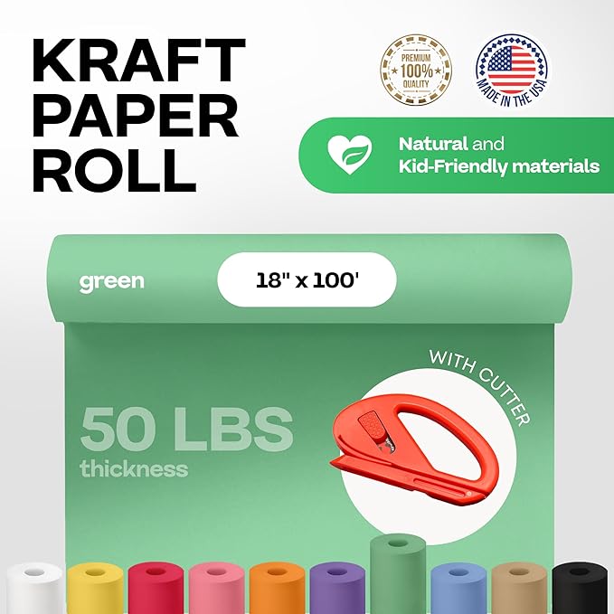 Christmas Green Kraft Paper Roll 18" x 1200" (100 ft) with Cutter - USA-Made Gift Wrapping Paper for Packing, Moving, Shipping & Crafts/Arts - 100% Recyclable Natural Craft Material by IDL Packaging