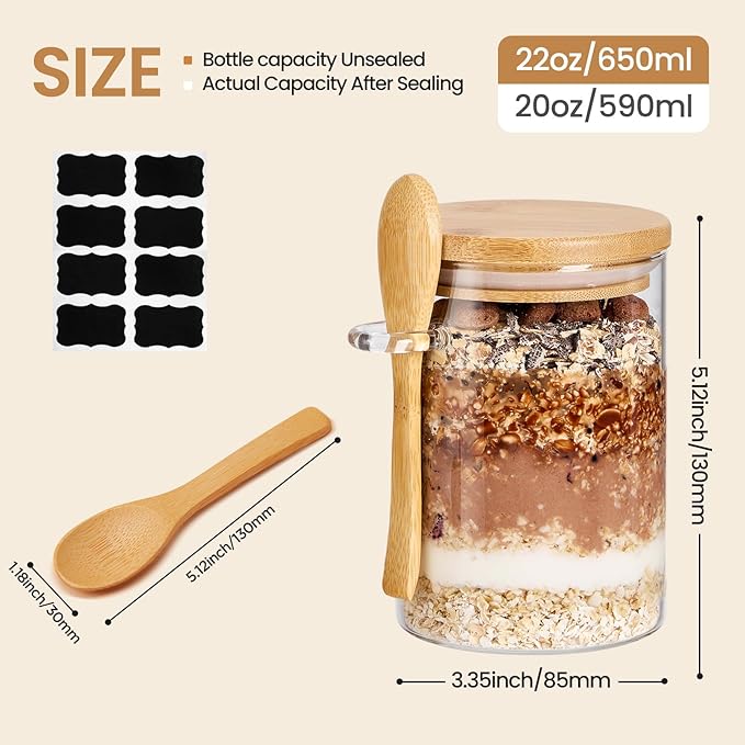4 Pack Overnight Oats Containers with Bamboo Lids and Spoons - 22 oz Airtight Glass Jars with Lid, Meal Prep Jars for Chia Pudding, Yogurt, Salad, Cereal, Coffee, Flour | Food Storage Canister