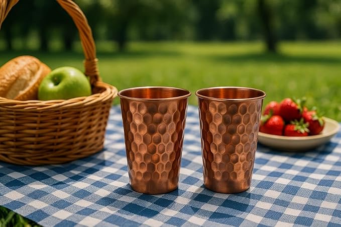 Handcrafted Traditional Hammered Copper Water Glasses – Set of 2 | 300 ml Drinking Tumblers Copper Cups for Home Office Kitchen & Daily Use
